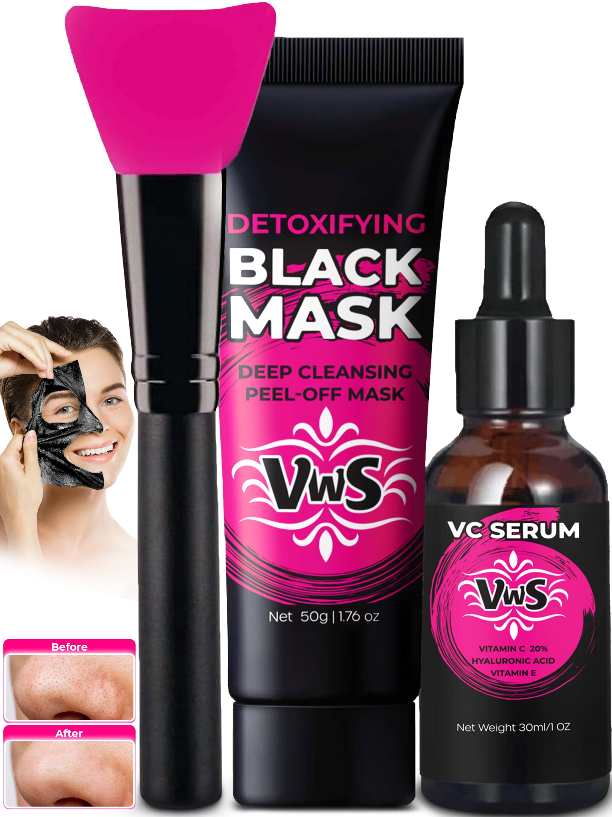 Peel Off Charcoal Face Mask, Blackhead Remover Skin Care Set W/ Vitamin C + Hyaluronic Acid