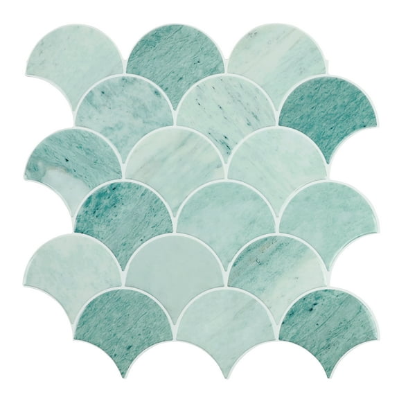 Peel and Stick Backsplash Fish Scale Tile, Removable Renter Friendly Backsplash 3D Adhesive Stick on Wall Tiles for Kitchen Bathroom (10 Sheets, Marble Green)