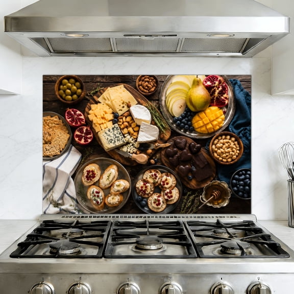 Peel and Stick Backsplash Mural for Kitchen, 35.4x23.6 inch Oil-Proof Vinyl Wall Decal Appetizers table Cheese variety board tropical fruits nuts Removable Wallpaper for Stove