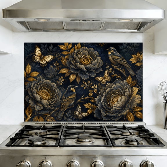Peel and Stick Backsplash Mural for Kitchen, 35.4x23.6 inch Oil-Proof Vinyl Wall Decal Dark Floral Black Gold Leaf Bird Moody Vintage Flowers Butterflies Removable Wallpaper for Stove