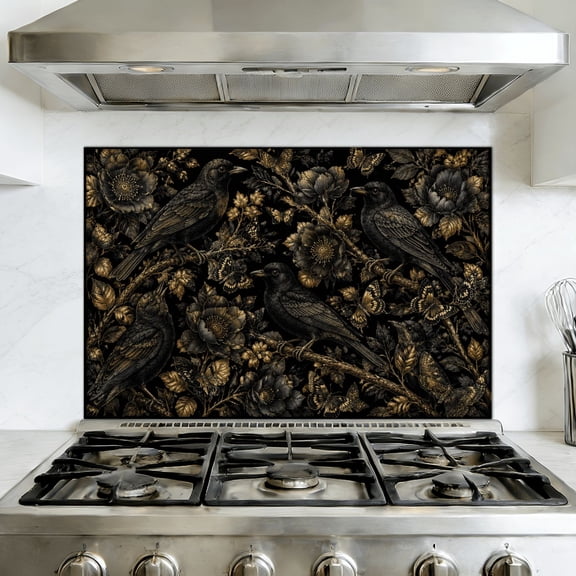 Peel and Stick Backsplash Mural for Kitchen, 35.4x23.6 inch Oil-Proof Vinyl Wall Decal Dark Floral Black Gold Leaf Bird Moody Vintage Flowers Butterflies Removable Wallpaper for Stove