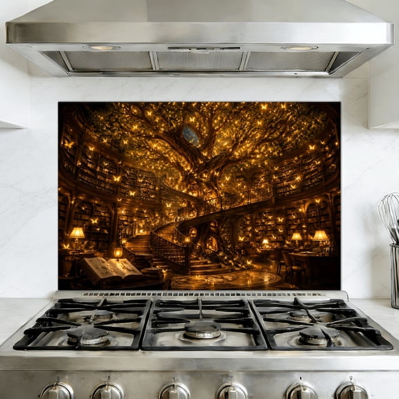 Peel and Stick Backsplash Mural for Kitchen, 35.4x23.6 inch Oil-Proof Vinyl Wall Decal Fantasy Library Magical Bookshelf Enchanting Butterflies Tree Books Removable Wallpaper for Stove