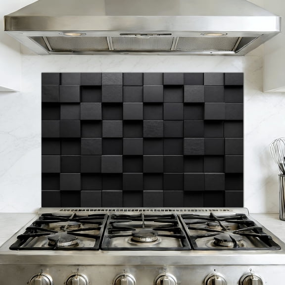 Peel and Stick Backsplash Mural for Kitchen, 35.4x23.6 inch Oil-Proof Vinyl Wall Decal Mosaic Tile Decoration Black Black Tiles Grid Shiny Surface Removable Wallpaper for Stove