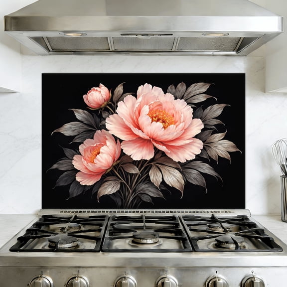 Peel and Stick Backsplash Mural for Kitchen, 35.4x23.6 inch Oil-Proof Vinyl Wall Decal Peony Flower Pink Petals Yellow Stamen Gray Leaves Black Watercolor Removable Wallpaper for Stove