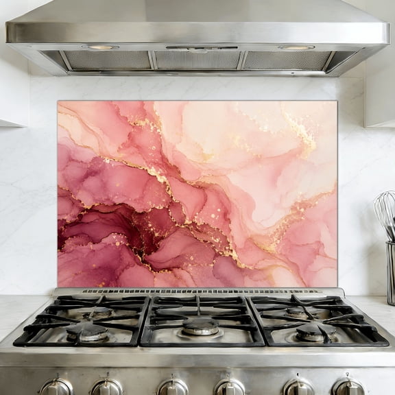 Peel and Stick Backsplash Mural for Kitchen, 35.4x23.6 inch Oil-Proof Vinyl Wall Decal Pink Marble Blush Pink Abstract Gold Foil Pink White Pink Gold Modern Removable Wallpaper for Stove