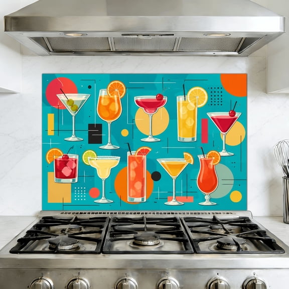 Peel and Stick Backsplash Mural for Kitchen, 35.4x23.6 inch Oil-Proof Vinyl Wall Decal Retro 1950S Mid Century Atomic Cocktail Martini Cocktail Glasses Removable Wallpaper for Stove