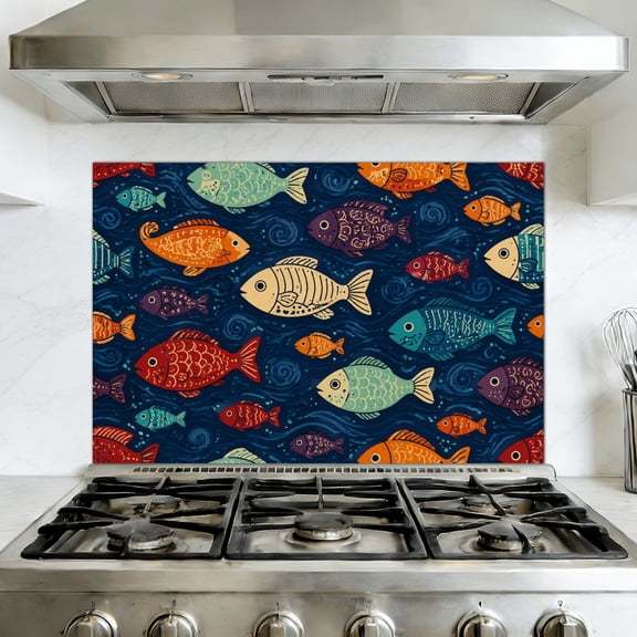 Peel and Stick Backsplash Mural for Kitchen, 35.4x23.6 inch Oil-Proof Vinyl Wall Decal Seamless fish swimming against current against crowd Removable Wallpaper for Stove