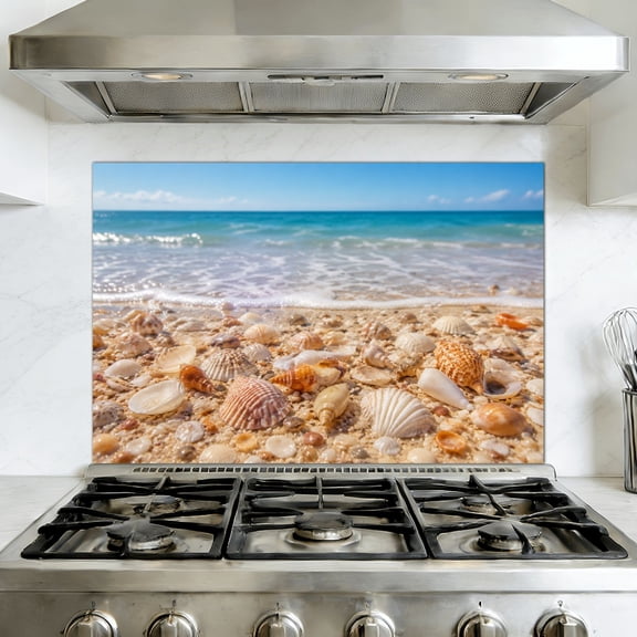 Peel and Stick Backsplash Mural for Kitchen, 35.4x23.6 inch Oil-Proof Vinyl Wall Decal Seashells sea shells shelling foreground Sanibel Island Florida day Removable Wallpaper for Stove
