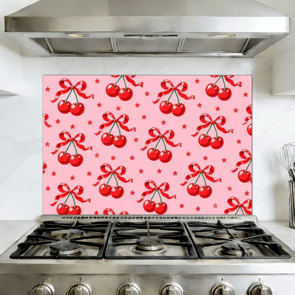 Peel and Stick Backsplash Mural for Kitchen, 35.4x23.6 inch Oil-Proof Vinyl Wall Decal cherry ribbons bow coquette girly seamless print greeting banners web Removable Wallpaper for Stove