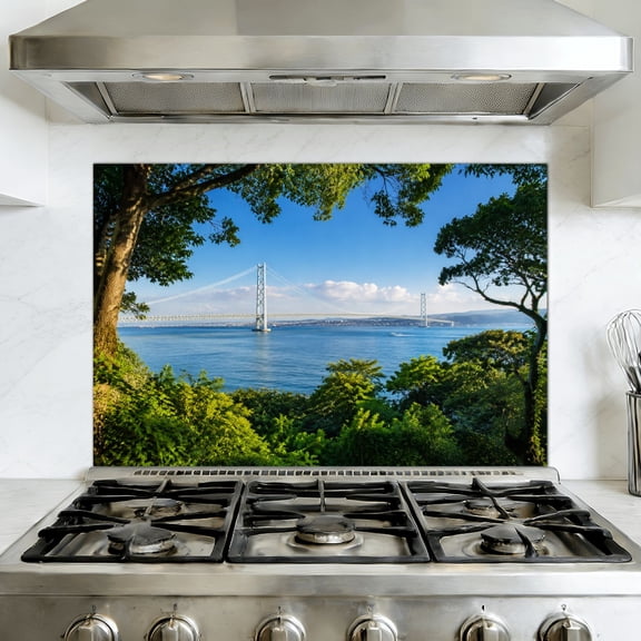 Peel and Stick Backsplash Mural for Kitchen, 35.4x23.6 inch Oil-Proof Vinyl Wall Decal view mackinaw bridge from st ignace michigan framed by trees long Removable Wallpaper for Stove