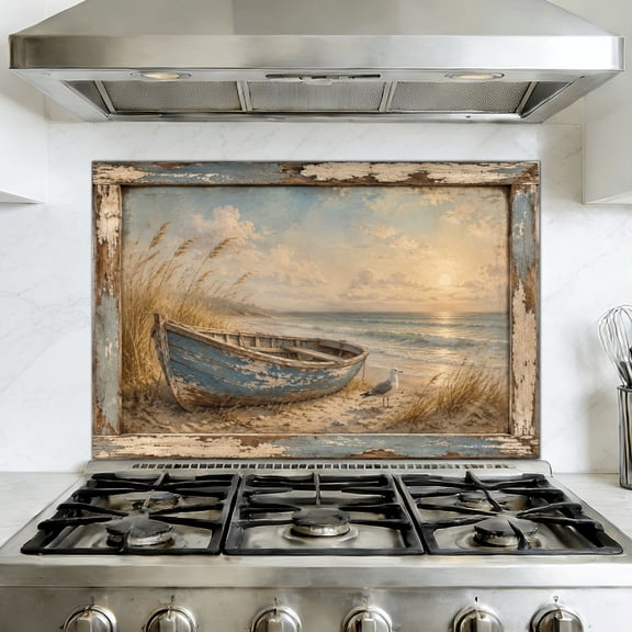 Peel and Stick Backsplash Mural for Kitchen, 35.4x23.6 inch Vinyl Wall Decal Beach Nautical Boat Ocean Seagull Sea Bird Seashore Blue Wooden Grass Removable Wallpaper for Stove
