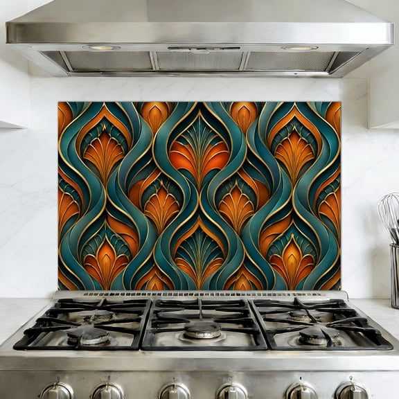 Peel and Stick Backsplash Mural for Kitchen, 35.4x23.6 inch Vinyl Wall Decal Boho Peacock Art Nouveau Maximalist Warm Rust Orange Large Scale Teal Removable Wallpaper for Stove