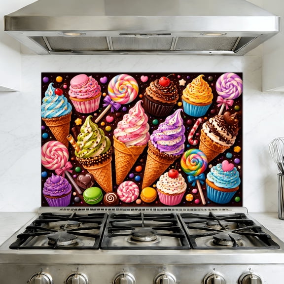 Peel and Stick Backsplash Mural for Kitchen, 35.4x23.6 inch Vinyl Wall Decal Cartoon Hand Drawn Ice Cream Doodles Seamless Cones Cupcakes Lollipops Removable Wallpaper for Stove