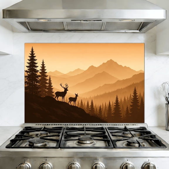 Peel and Stick Backsplash Mural for Kitchen, 35.4x23.6 inch Vinyl Wall Decal Deer Cabin Rustic Farmhouse Forest Hunting Silhouettes Mountain Ranges Removable Wallpaper for Stove