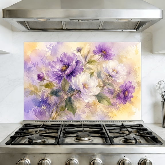 Peel and Stick Backsplash Mural for Kitchen, 35.4x23.6 inch Vinyl Wall Decal Floral White Purple Leaf Boho Purple Flowers Green Stems Petals Leaves Removable Wallpaper for Stove