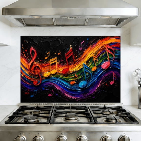 Peel and Stick Backsplash Mural for Kitchen, 35.4x23.6 inch Vinyl Wall Decal Music Modern Musical Note Beautiful Notes Colorful Waves Dark Vibrant Removable Wallpaper for Stove