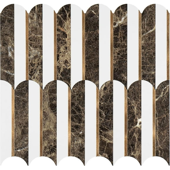 Peel and Stick Backsplash Seamless Tile for Kitchen and Bathroom,Self Adhesive Fish Scale PVC Mix Metal Mosaic Tiles,10 Sheets Brown+Pure White +Brown Gold