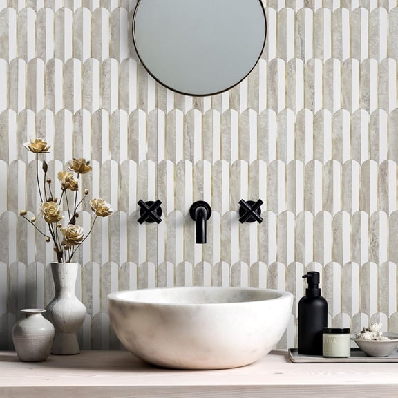 Peel and Stick Backsplash Seamless Tile for Kitchen and Bathroom,White and Beige Slate PVC Mixed Light Gold Self Adhesive Fish Scale Metal Mosaic Tiles (10 Sheets)