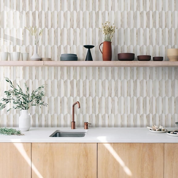 Peel and Stick Backsplash Seamless Tile for Kitchen and Bathroom,White and Glossy Wooden Marble PVC Mixed Light Gold Self Adhesive Fish Scale Metal Mosaic Tiles (10 Sheets)