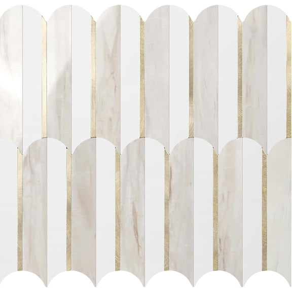 Peel and Stick Backsplash Seamless Tile for Kitchen and Bathroom,White and Glossy Wooden Marble PVC Mixed Light Gold Self Adhesive Fish Scale Metal Mosaic Tiles (10 Sheets)
