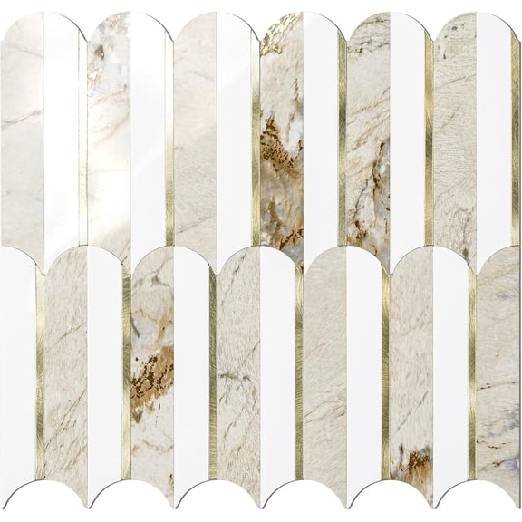 Peel and Stick Backsplash Seamless Tile for Kitchen,White and Essaouira Taupe PVC Mixed Light Gold Self Adhesive Fish Scale Metal Mosaic Tiles (10 Sheets)