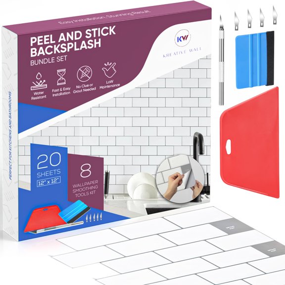 Peel and Stick Backsplash Tile for Kitchen Wall, 12 x 12 Stick On Backsplash Bundle Set with Wallpaper Smoothing Tool Kits for Kitchen or Bathroom with 3D Glass Tile Looks C94