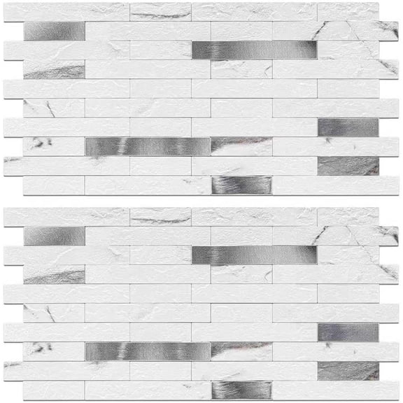 Peel and Stick Backsplash Tile Waterproof Removable PVC Wall Sticker 3D Faux Stone Marble Brick White Accent Panels (Rough White Marble - Metal Silver, 20 Tiles - 9 sq. ft. (0.84 M²))