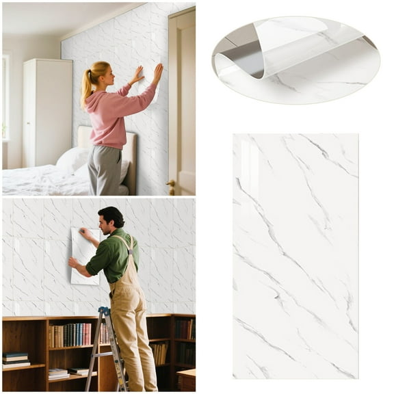 Self Adhesive Tile Stickers 23.6x11.8 Inch Marble White Peel and Stick Wall Panels for Kitchen Splashback Bathroom Decor Removable Wall Tiles for Living Room Bedroom Renovation (not Real Marble)
