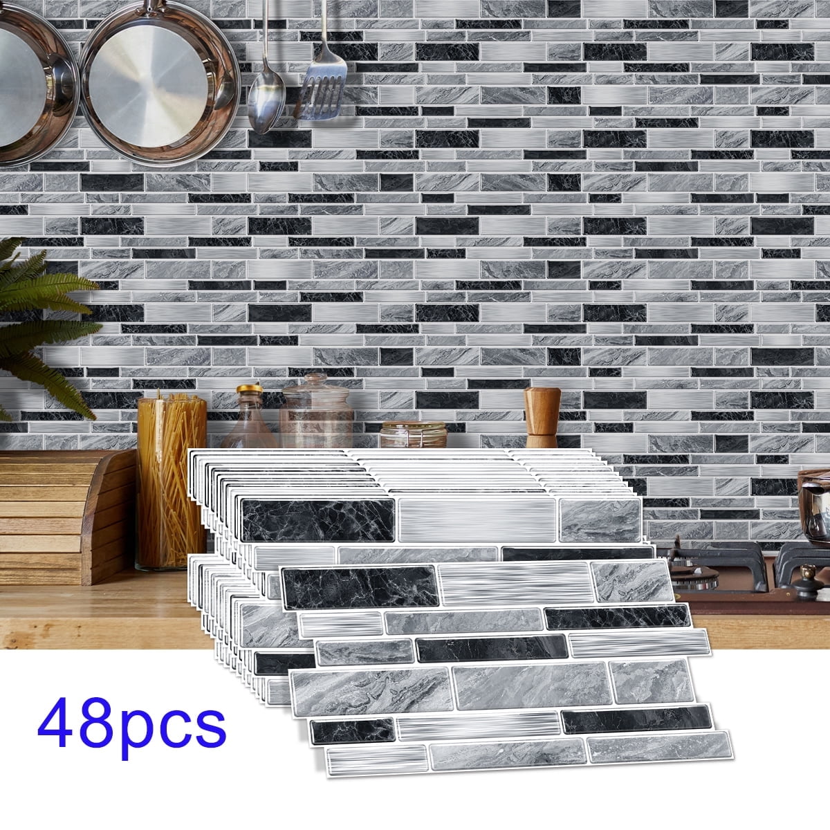 Peel and Stick Backsplash Wall Tiles,Self-Adhesive,Oil Proof,Waterproof, Removable Wall Panels for Kitchen & Bathroom,Modern Design, Easy Install (9.68x4.72 inch,48 Pack)