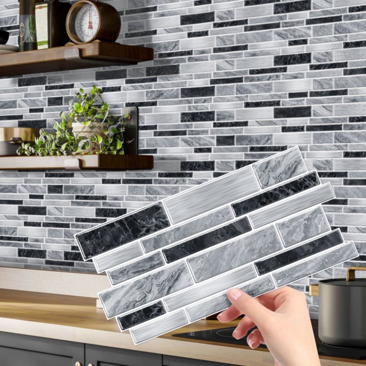 Peel and Stick Backsplash Wall Tiles,Self-Adhesive,Oil Proof,Waterproof, Removable Wall Panels for Kitchen & Bathroom,Modern Design, Easy Install (9.68x4.72 inch,48 Pack)