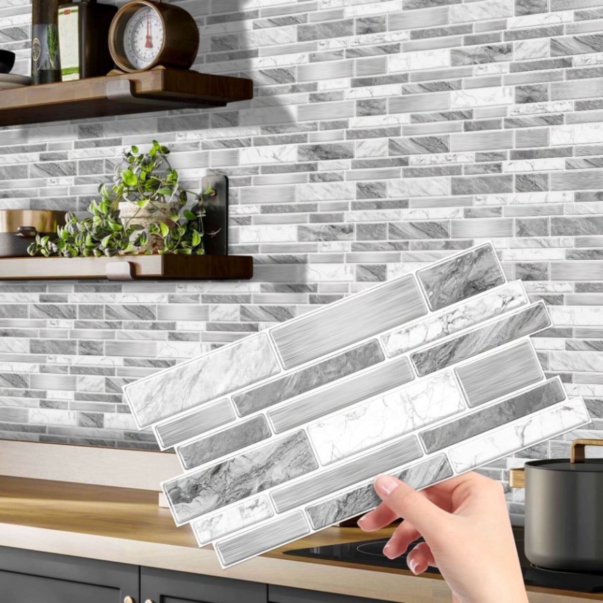 Peel and Stick Backsplash Wall Tiles,Self-Adhesive,Oil Proof,Waterproof, Removable Wall Panels for Kitchen & Bathroom,Modern Design, Easy Install (9.68x4.72 inch,48 Pack)