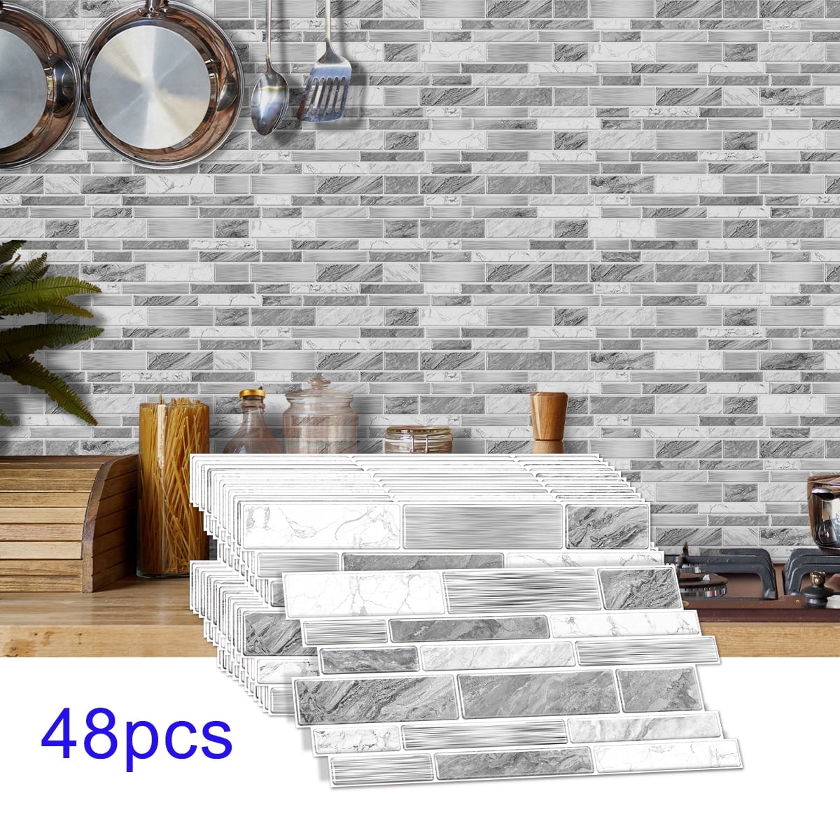 Peel and Stick Backsplash Wall Tiles,Self-Adhesive,Oil Proof,Waterproof, Removable Wall Panels for Kitchen & Bathroom,Modern Design, Easy Install (9.68x4.72 inch,48 Pack)