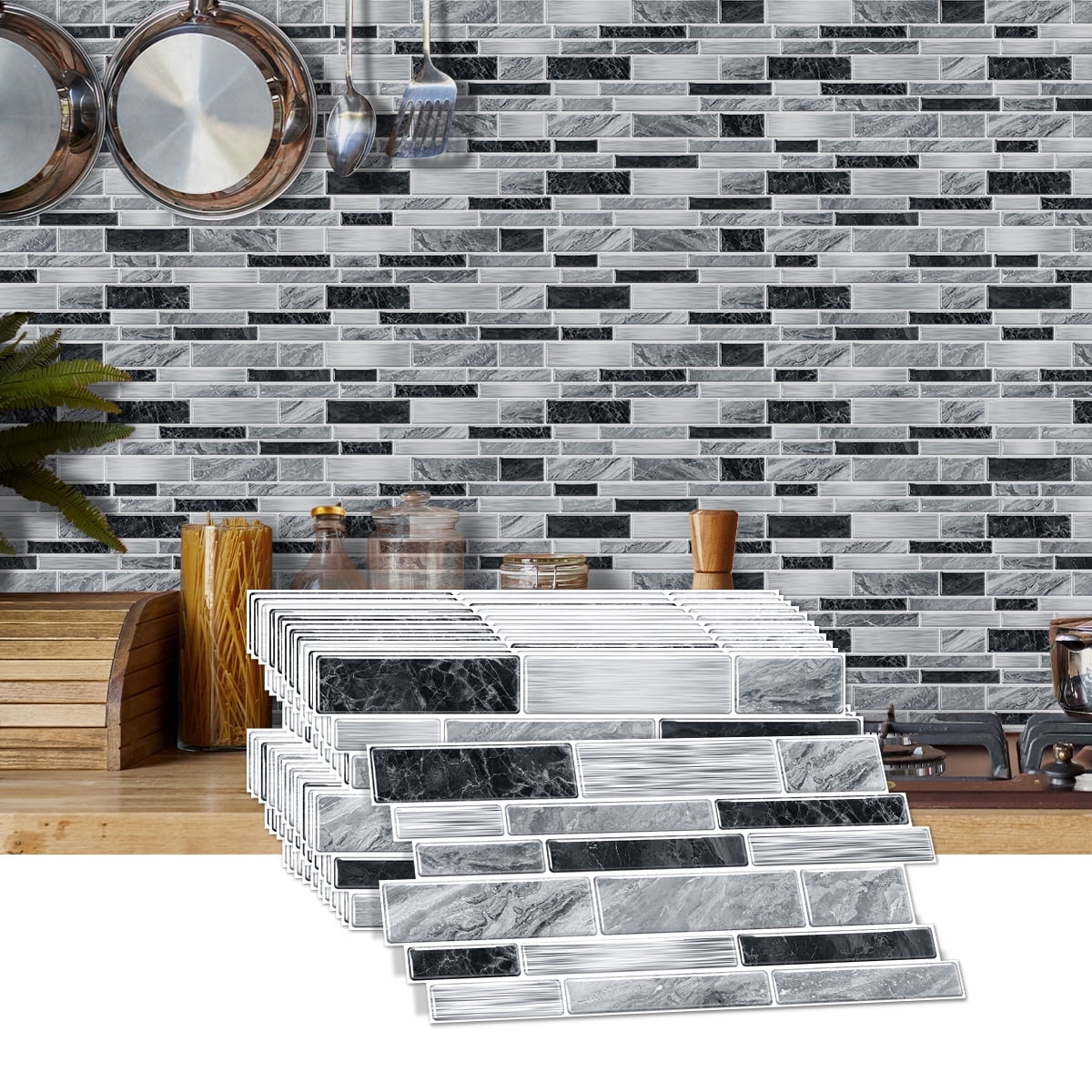 Peel and Stick Backsplash Wall Tiles,Self-Adhesive,Oil Proof,Waterproof, Removable Wall Panels for Kitchen & Bathroom,Modern Design, Easy Install (9.68x4.72 inch,48 Pack)