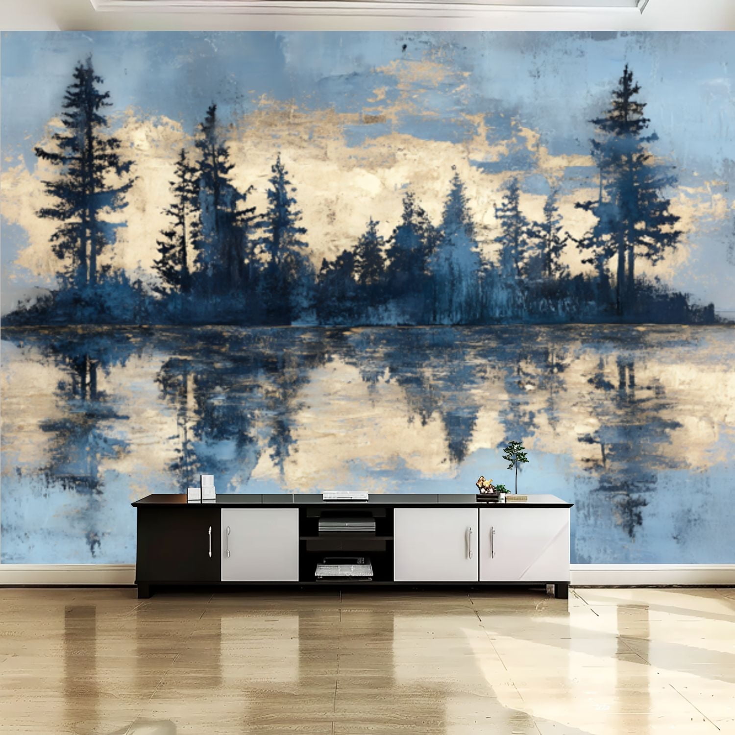 Peel and Stick Canvas Wallpaper Wall Mural Abstract Lake Sky Pine Trees ...