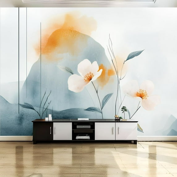 Peel and Stick Canvas Wallpaper Wall Mural Abstract Nordic Print Shapes Flower Leaves White Watercolor Seamless Wall Art Self Adhesive and Removable 69in x 98in