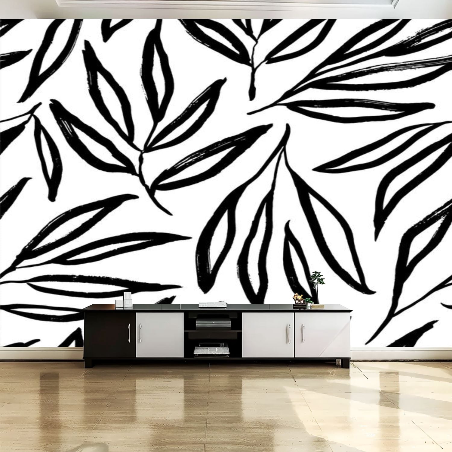 Peel and Stick Canvas Wallpaper Wall Mural Abstract outlined leaves ...