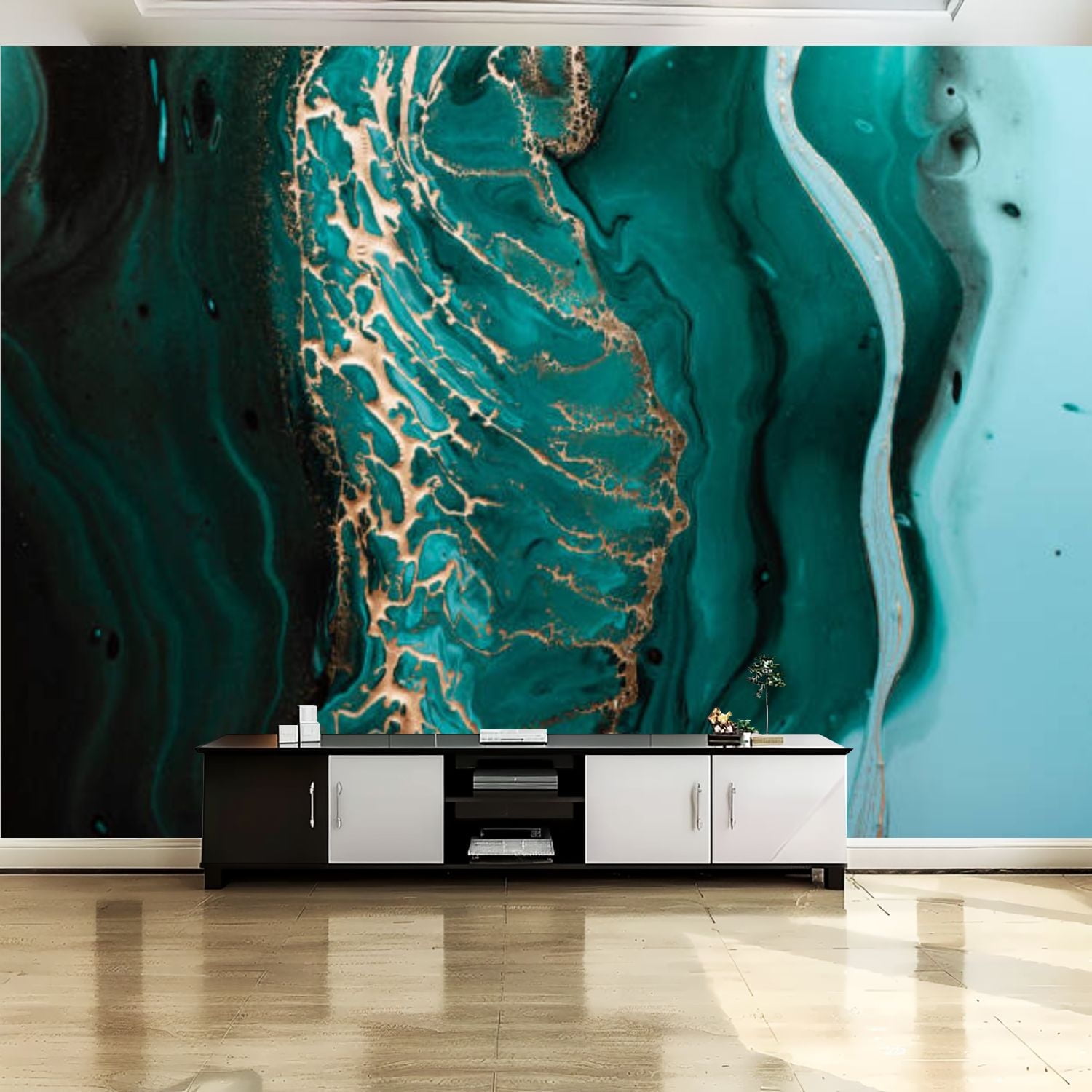 Peel and Stick Canvas Wallpaper Wall Mural Acrylic Fluid Art Dark green ...