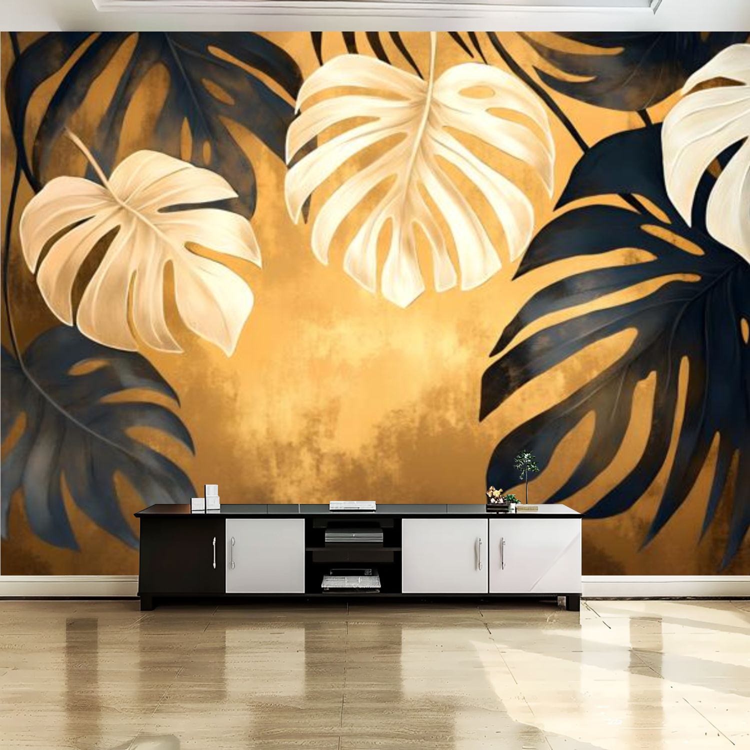 Peel and Stick Canvas Wallpaper Wall Mural Black Golden Tropical Plants ...