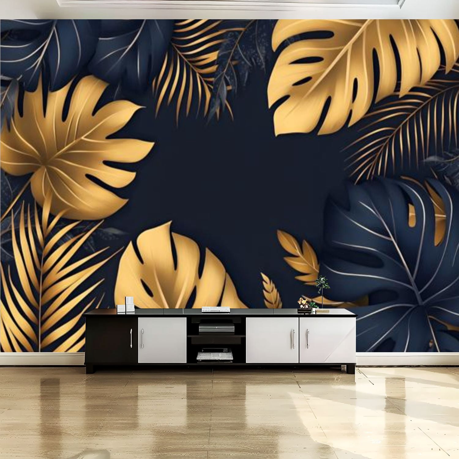 Peel and Stick Canvas Wallpaper Wall Mural Black Golden Tropical Plants ...