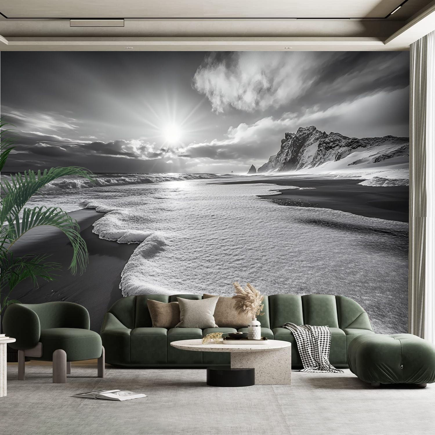 Peel and Stick Canvas Wallpaper Wall Mural Black White Beach Blue Ocean ...
