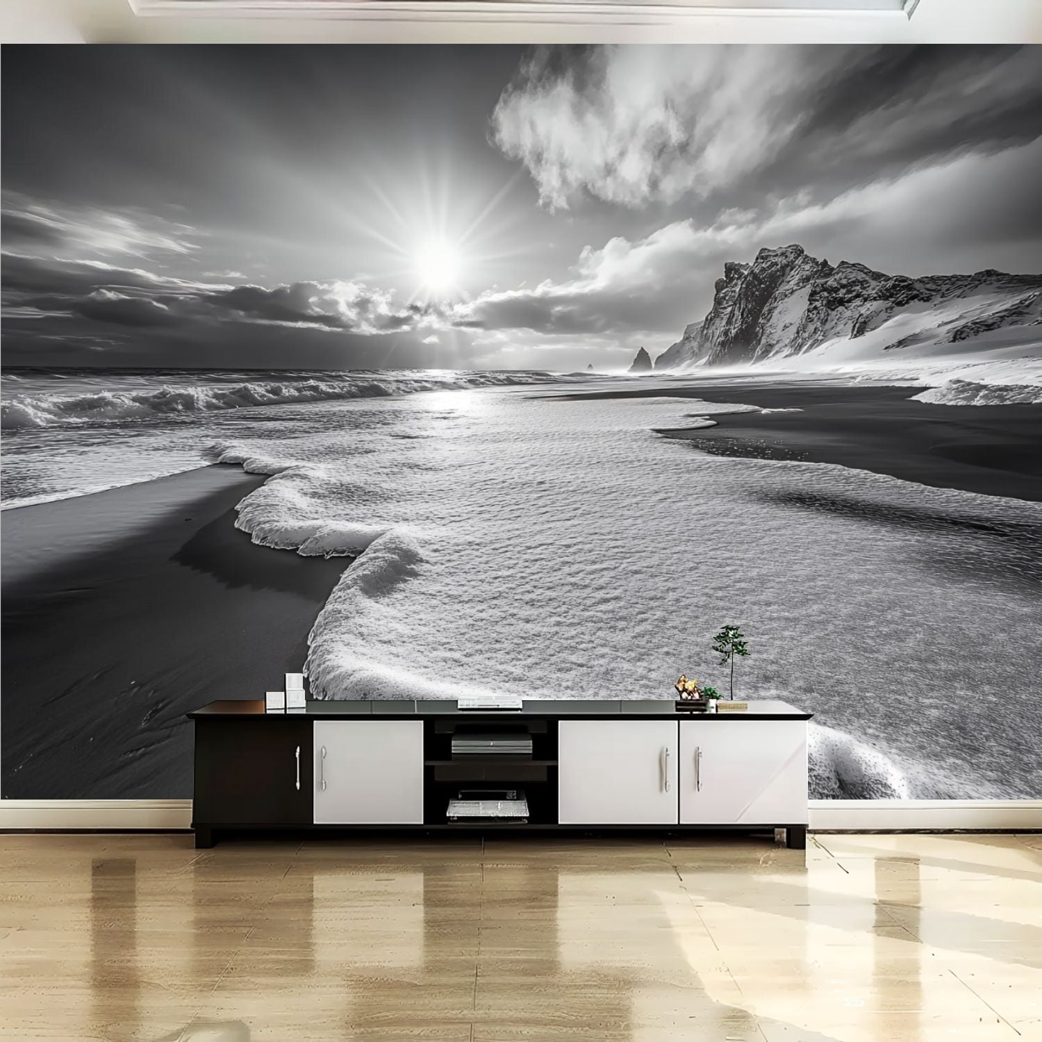 Peel and Stick Canvas Wallpaper Wall Mural Black White Beach Blue Ocean ...