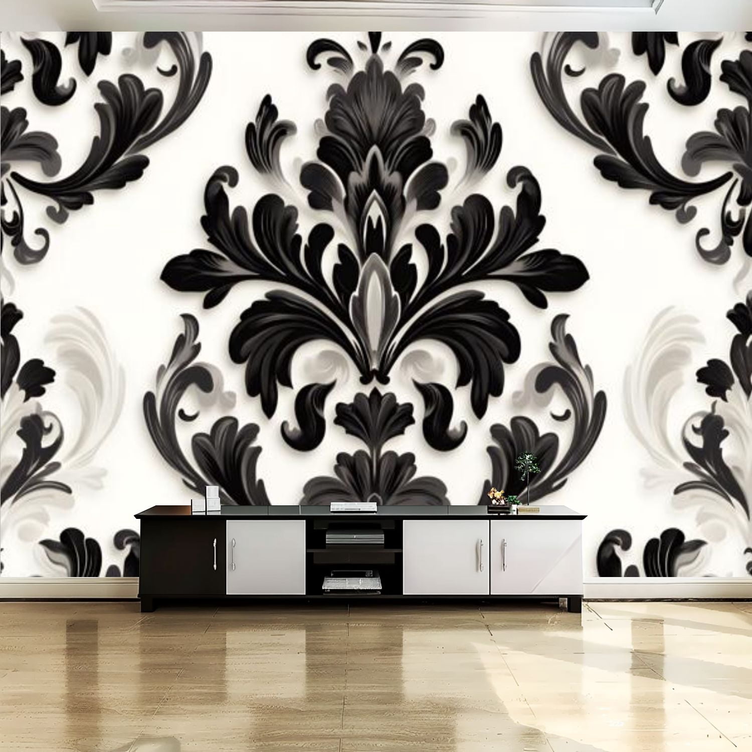 Peel and Stick Canvas Wallpaper Wall Mural Black White Damask ...