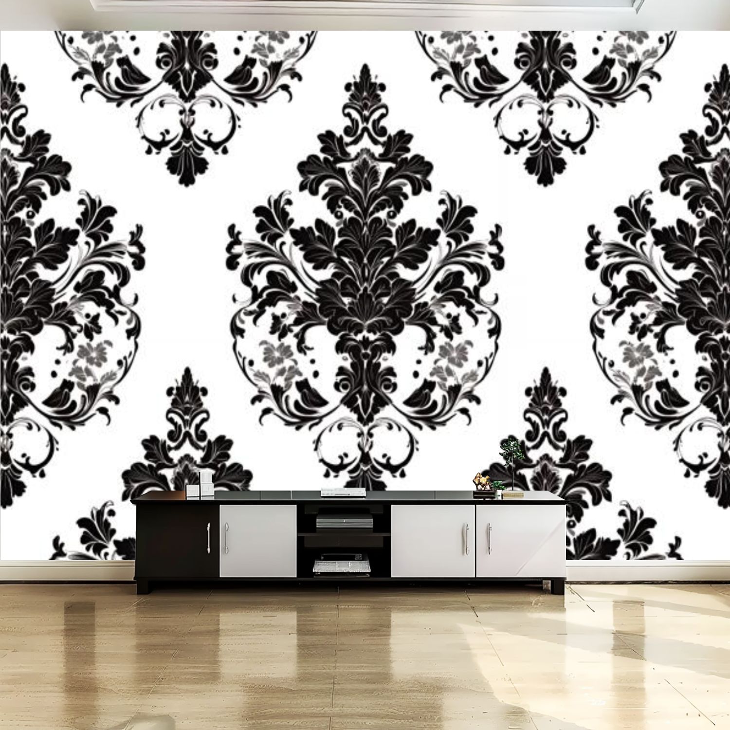 Peel and Stick Canvas Wallpaper Wall Mural Black White Damask ...
