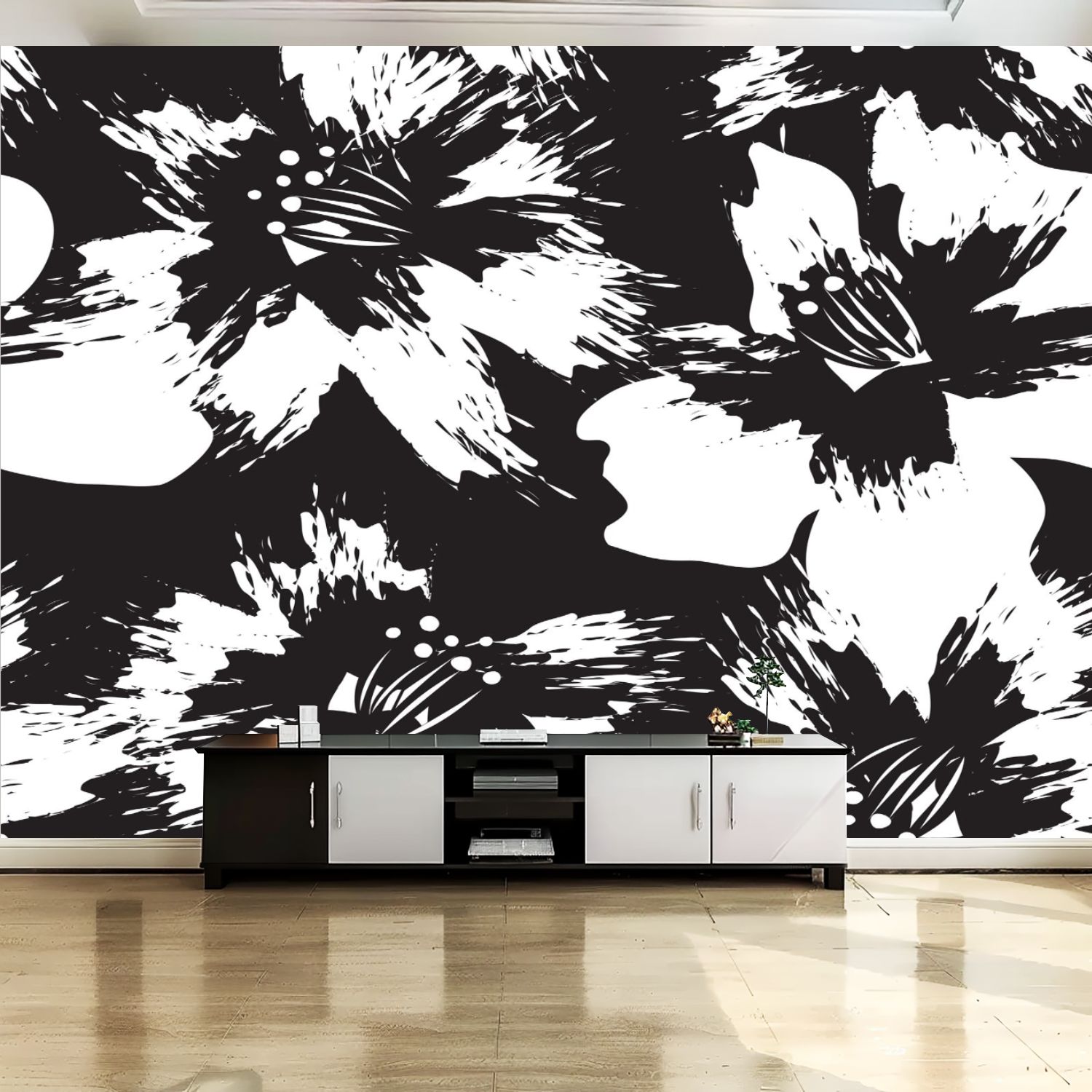 Peel and Stick Canvas Wallpaper Wall Mural Black White Floral brush ...