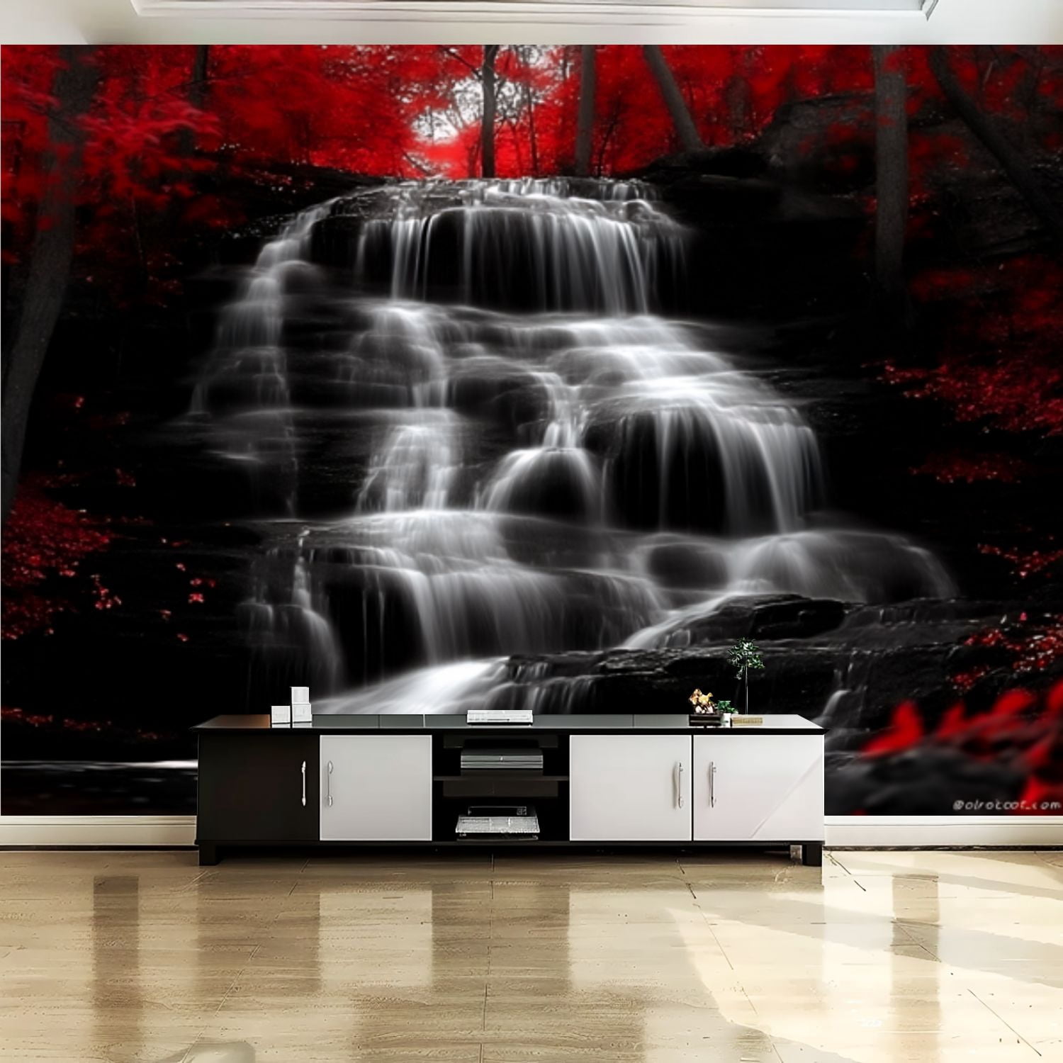Peel and Stick Canvas Wallpaper Wall Mural Black White Red Woods ...