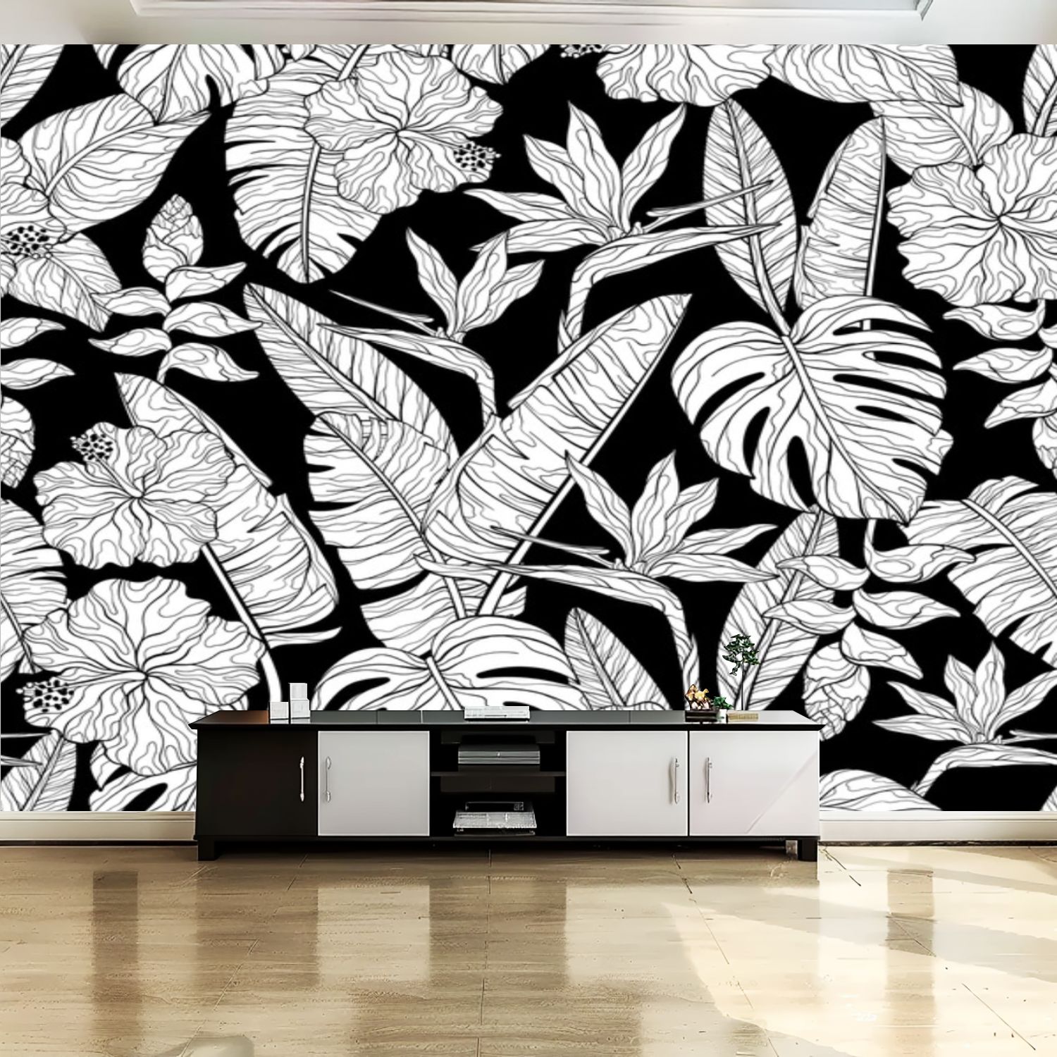 Peel and Stick Canvas Wallpaper Wall Mural Black white Bird paradise ...