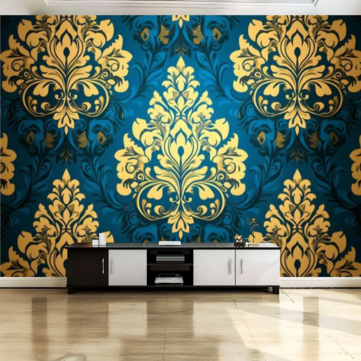 Peel and Stick Canvas Wallpaper Wall Mural Blue Brown Damask Floral ...
