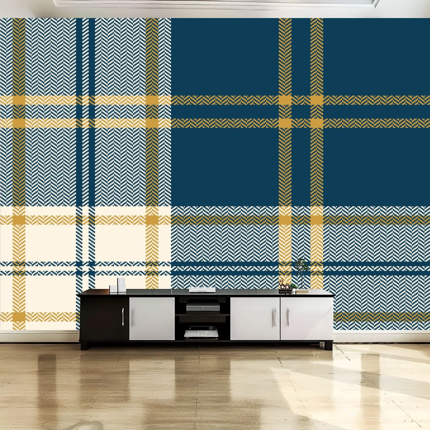 Peel and Stick Canvas Wallpaper Wall Mural Blue gold plaid pattern ...