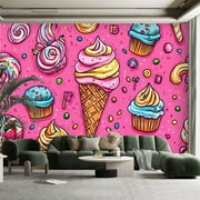 Peel and Stick Canvas Wallpaper Wall Mural Cartoon Hand Drawn Ice Cream Doodles Seamless Pattern Cone Cupcakes Wall Art Self Adhesive and Removable 100in x 144in