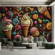 Peel and Stick Canvas Wallpaper Wall Mural Cartoon Hand Drawn Ice Cream Doodles Seamless Pattern Cones Cupcakes Wall Art Self Adhesive and Removable 100in x 144in